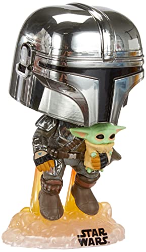 Funko Pop! Star Wars: Across The Galaxy - The Mandalorian Holding Grogu with Pin, Chrome Finish, Amazon Exclusive