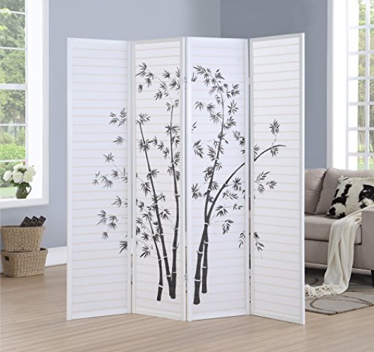 Roundhill Bamboo Print 4-Panel Framed Room Screen/Divider, white - Black 3 panel Divider