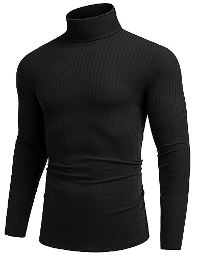 COOFANDY Men's Turtleneck Long Sleeve T Shirts Slim Fit Ribbed Basic Tops Lightweight Knitted Pullover Sweater - Black 