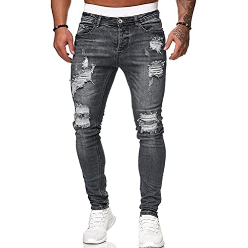 HUNGSON Men's Blue Slim Fit Jeans Stretch Destroyed Ripped Skinny Jeans Side Striped Denim Pants