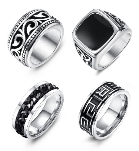 Jstyle 4Pcs Stainless Steel Signet Biker Rings Set Cuban Chain Spinner Ring Silver Gold Vintage Celtic Knot Band Rings Beveled Polished Edge Comfort Fit - Silver 7