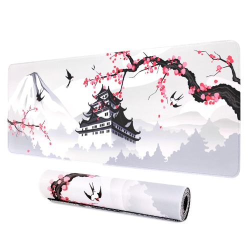 Japanese Cherry Blossom White Game pad, XXL Large Gaming Laptop Anime Mouse Pad, Stitched Edges Big Desk Pads, Extended PC Keyboard Waterproof and Non-Slip 31.06 x 11.8inches Rubber Table Mat
