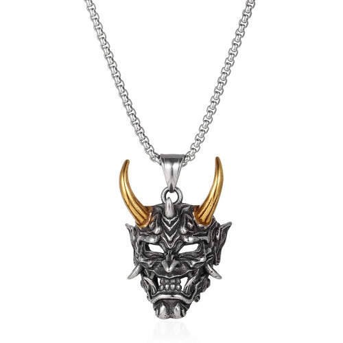 Japanese ghost warrior Prajna Rakshasa Horn Skull Pendant Necklace for Men Boys,Stainless Steel Cool Retro Vintage Punk Biker Cocktail Party Pendant Necklacce Jewelry Gift - golden horn