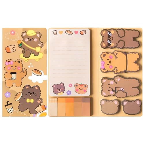 B1ykin Bear Sticky Notes Set, 550 Sheets Kawaii Bear Self-Stick Notes Pads, Self-Adhesive Cartoon Cute Bear Separation Tabs Writing Memo Pages Notes for Kids Teacher School Office Supplies Home - Bear