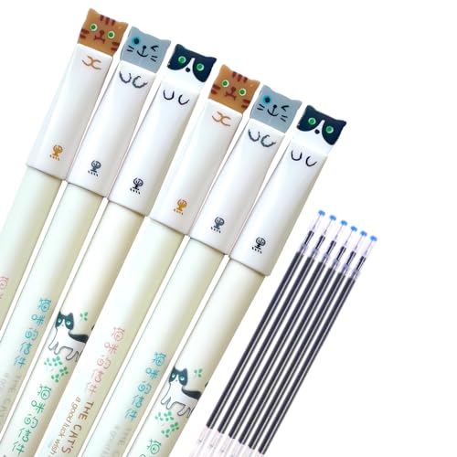 Cat Pens, 6pcs Kawaii Cat Pens Cat Gifts for Cat Lovers Cute Cat Pens, 0.38mm Black Ink Pen Gel Pens Fine Point Ball Pens, Nice Fun Gifts for Kids Pens for Journaling, 6pcs Replacement Refills