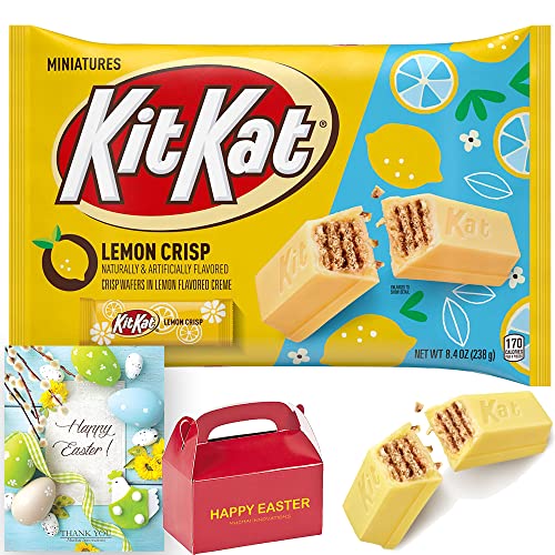 Easter Candy KIT KAT Lemon Crisp Miniatures Lemon Flavored Creme Wafer Individually Wrapped | For Egg Hunt Deco Basket Stuffer Party Favor Treat Gift Snack Dessert Candy - Happy Easter Card & Box