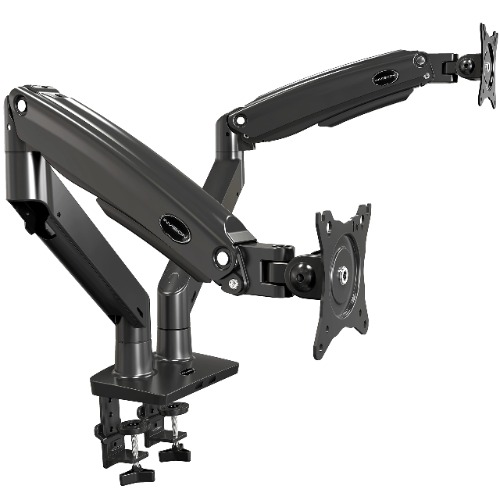 Invision Dual PC Monitor Arm Bracket Ergonomic Height Adjustable (Gas Assisted) Full Motion Long Arm Desktop Clamp Mount for 22”-32” Screens Tilt & Swivel VESA 75mm & 100mm Weight 3kg to 12kg (MX900)