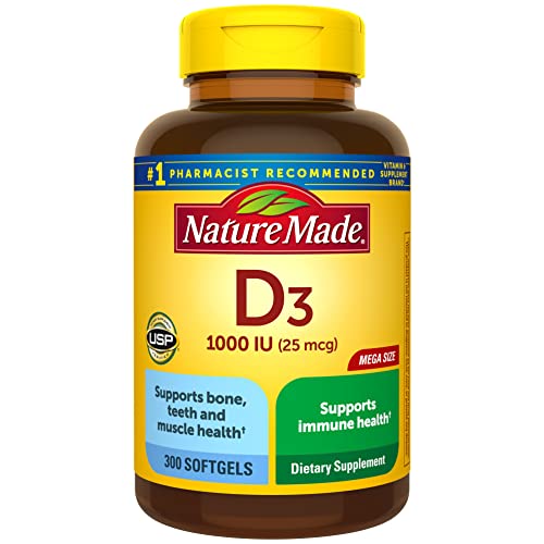 Nature Made Vitamin D3 1000 IU (25 mcg) Softgel, Dietary Supplement for Bone, Teeth, Muscle and Immune Health Support, 300 Day Supply,300 Count (Pack of 1) - Unflavored - 300 Count