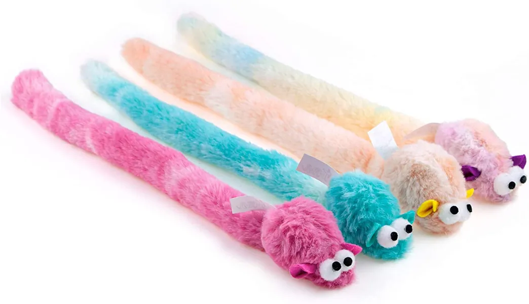 CHIWAVA 4 Packs 15 Inch Long Soft Plush Cat Toys Mice Rustle Sound Small Mouse Activity Interactive Toy - Plush Mice with Bell