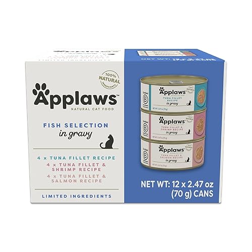 Applaws Natural Wet Cat Food in Gravy, Limited Ingredient Canned Wet Cat Food, Cat Food Variety Pack, Made with Natural Ingredients, Fish Selection Variety Pack in Gravy (12 x 2.47oz Cans) - Fish Selection - 2.47 Ounce (Pack of 12)
