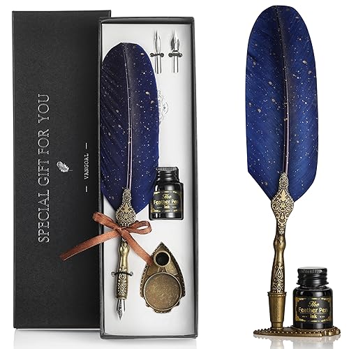 VANGOAL Vintage Carving Feather Pen Set, Glittering Quill Set Antique Calligraphy Writing Dip with Ink, 2 Replacement Nibs, Stand Base, Luxury Signature (Blue) - Blue
