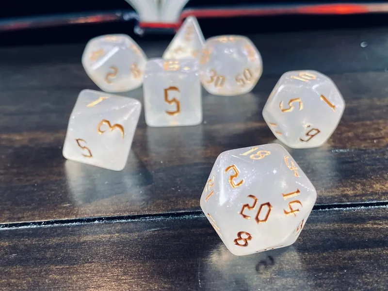 Angel DnD Dice Set for Dungeons and Dragons | D20 TT RPG Polyhedral Dice Set | White iridescent dice with gold font!