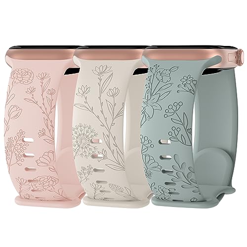 3 Pack Floral Engraved Silicone Bands Compatible with Apple Watch Band 38mm 40mm 41mm 42mm 44mm 45mm 49mm Women, Soft Sport Wildflower Strap for iWatch Ultra Series 9 8 SE 7 6 5 4 3 2 1 - Sand Pink/Starlight/Succulent - 38/40/41mm