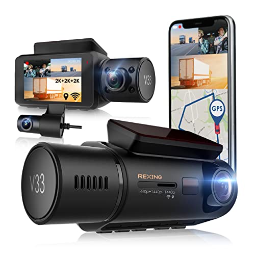 RexingUSA V33-2K 3 Channel Dash Cam Built-in WiFi GPS, Car Dashboard Camera Recorder 1440p + 1440p +1440p, 2.7” LCD, 170° Wide Angle, G-Sensor, Night Vision, Parking Monitor
