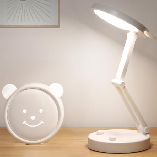 Boncoo Rechargeable Lamp, Cute Bear Battery Operated Desk Lamp Portable & Foldable, LED Cordless Lamp Dimmable with 3 Color Modes, Eye Caring Table Light Small Desk Lamps for Home Office Dorm