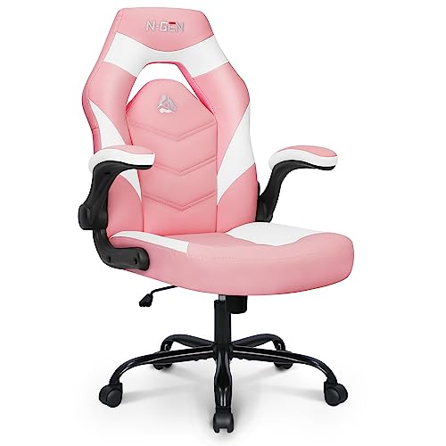 N-GEN Gaming Chair Ergonomic Office Chair Computer Desk Chair with Lumbar Support Flip Up Arms Adjustable Height Swivel PU Leather Executive PC Chair with Wheels for Adults Women Men (Pink) - Pink