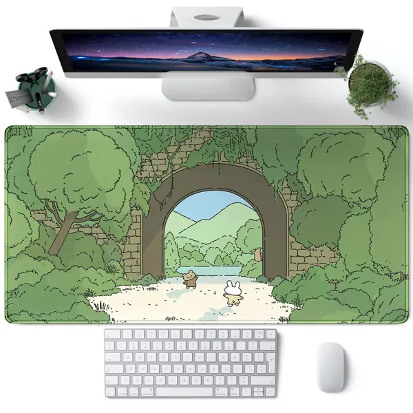 Cute Kawaii Desk Mat Green Anime Large Mouse Pad XXL Extended Gaming Mousepad Cartoon Bear Bunny Keyboard Mouse Mat Desk Pad for Computer Laptop 31.5''x15.7'' Non-Slip Rubber Base with Stitched Edges - A Green Cartoon