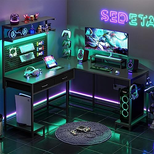 SEDETA L Shaped Gaming Desk with LED Lights and Drawers, Gaming Desk with Hutch & Pegboard, Computer Desk with Monitor Stand, Storage Shelves, Home Office Desk Corner Desk, Gaming Table, Black - Black