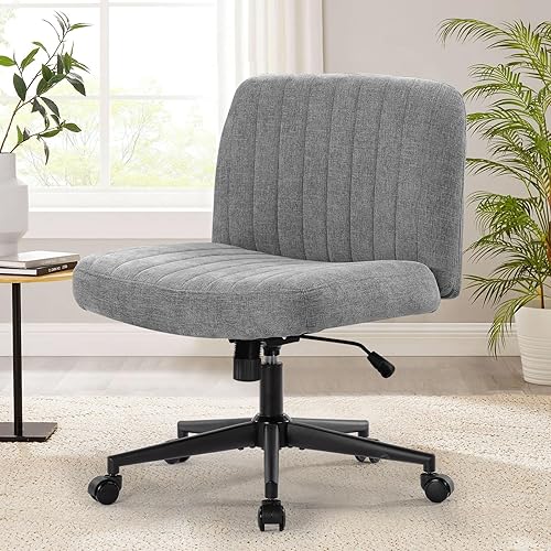 Bosmiller Office Chair Armless Desk Chair with Wheels, Sherpa Padded Wide Seat Home Office Chairs, 120° Rocking Mid Back Cute Computer Chair for Bedroom, Vanity, Makeup - Grey - with wheels