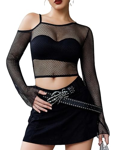 Avidlove Mesh Tops for Women Long Sleeve Fishnet Shirt See Through Crop Tops Rave Outfits Party Clubwear - Black - Large