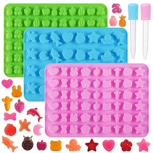 3 Pack Mini Silicone Gummy Candy Chocolate molds Contains Marine Animal, Fruits, Vegetables Small Hearts Shapes and 2 droppers for Making Gummy, Candy, Chocolate and Small ice Cubes. - Fruits + Marine Animals + Vegetables(small Size)
