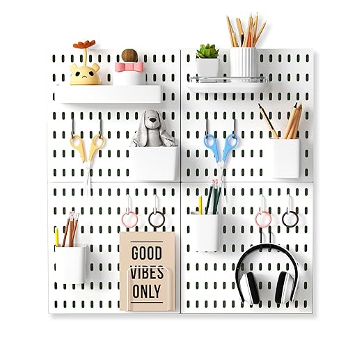 White Plastic Pegboard Wall Control Organizer, Home Office Kitchen Garage Peg Boards Wall Organizer Panels with Hooks Desk Adhesive Pegboards Rack Accessories Kit Display (4 Boards -12 Accessories) - 4 Boards -12 Accessories