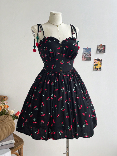 Soleia Black Cherry Print Cup Style Romantic Casual Plus Size Boho Vacation Dress, For Summer