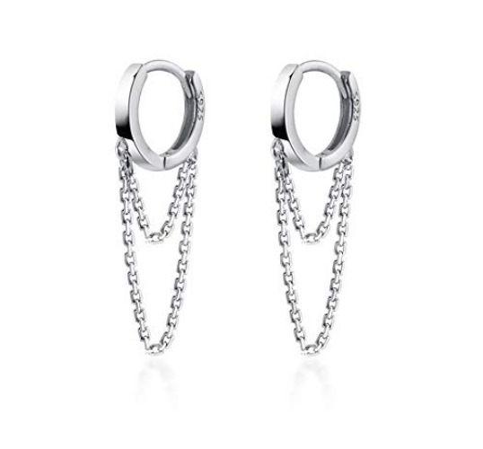Reffeer 925 Sterling Silver Tassel Chain Drop Dangle Small Hoop Earrings Huggie for Women Teen - A-Silver