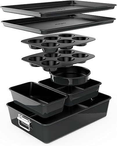 NutriChef 8-Piece Stackable Nonstick Bakeware Set - Premium Steel Baking Tray Set - Includes Round Cake Pan, 6-Cup Muffin Pans, Wide/Square Brownie & Loaf Pans, Cookie Sheet, & Roaster Pan (Black) - Black