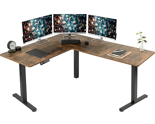 VIVO Electric Corner L-Shaped 63 x 55 inch Rustic Standing Desk, Height Adjustable, Memory Controller, Vintage Brown Top Black Frame, DESK-E3CTN - 55 x 63 - Vintage Brown Top / Black Frame