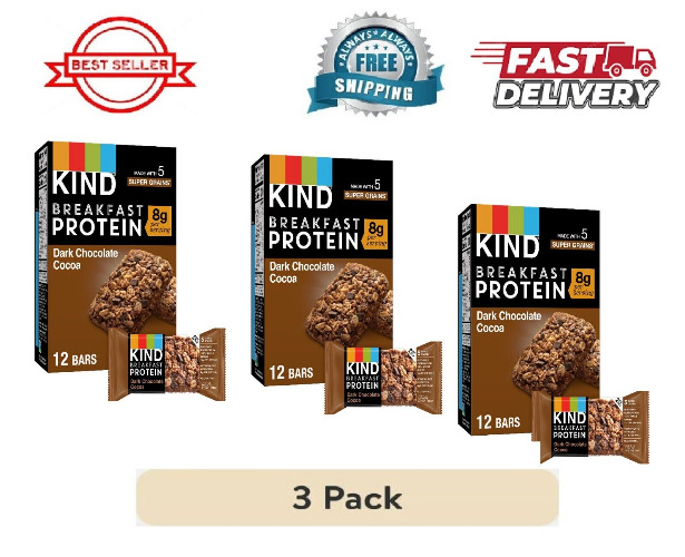 (3Pack)KIND Breakfast Dark Chocolate Cocoa Protein Snack Bars 1.76 oz 12 New