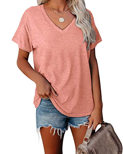 WEESO T Shirts for Women V Neck Summer Color Block Tops - Large - 06-coral