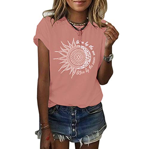 MaQiYa Womens Graphic Tees Summer Vintage Short Sleeve Cotton Moon and Sun Printed T Shirts Tops - Pink - Large