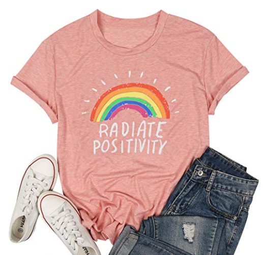 Pride Shirt Women Radiate Positivity Rainbow T-Shirt Funny Letter Print Graphic Tee Summer Short Sleeve Shirts Tops - Large - Pink