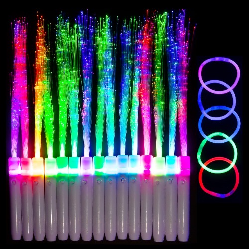 Perfect Party 20pc Fiber Optic Wand Glow Sticks Party Pack! Color Changing Neon Lights Wand Sparklers and Bracelet Set! 15x LED Light Stick Light Up Multicolored Wands, 5X Bracelets and Batteries - Multicolored