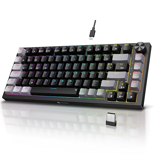 KOORUI Mechanisch Tastatur, Gaming Tastatur Kabellos/Kabelgebunden/Bluetooth 26 RGB Wiederaufladbare 4000mAh Batterie 82 Tasten Deutsches Layout QWERTZ für Windows MacOS Linux-Rotem Schalter - 82 Tasten-Kabelgebunden/Bluetooth/2.4Ghz - Rotem Schalter