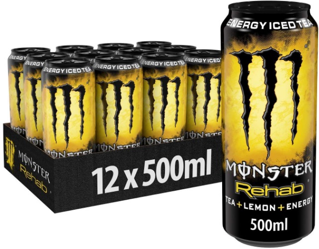 Monster Energy Rehab Lemon - koffeinhaltiger Energy-Eistee mit Zitronen-Geschmack - Energy Drink ohne Kohlensäure - in praktischen Einweg Dosen (12 x 500 ml) - 