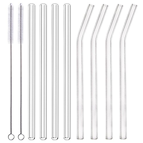ALINK Glass Smoothie Straws, 10" x 10 mm Long Reusable Clear Drinking Straws for Smoothie,Pack of 8 with 2 Cleaning Brush, - clear