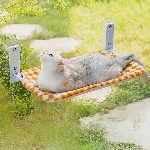Mewoo Sturdy Cat Window Perch Cat Hammock Seat for Indoor Cats Reversible Mat Use Year-Around Cat Bed Providing All-Around Sunbath Saving Space Washable Holds Up to 40 lbs (Brown, Medium) - Brown - Medium