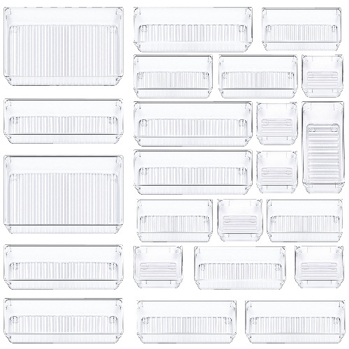 CHEFSTORY 23 PCS Clear Drawer Organizers Set, 4 Sizes Plastic Vanity Drawer Organizers and Storage Bins, Desk Drawer Organizer Trays with Non-slip Silicone Pads for Makeup,Bathroom and Kitchen