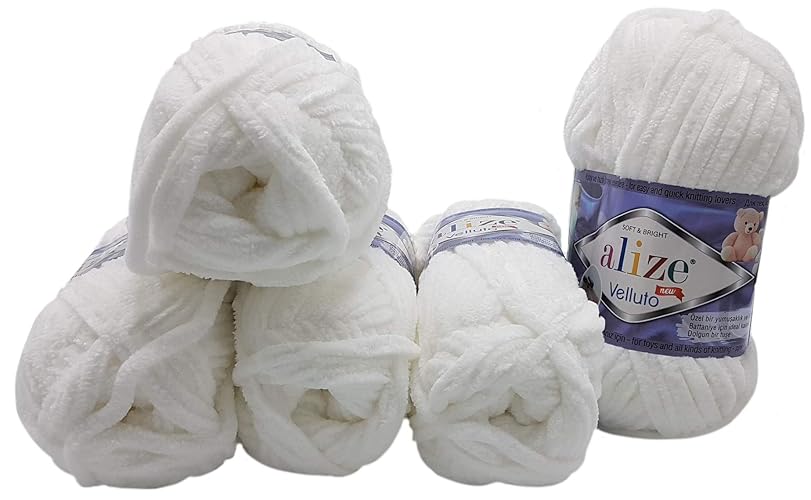 Velluto 5 x 100 Gramm Alize Strickwolle, Babywolle, 500 Gramm Wolle - Weiß 55