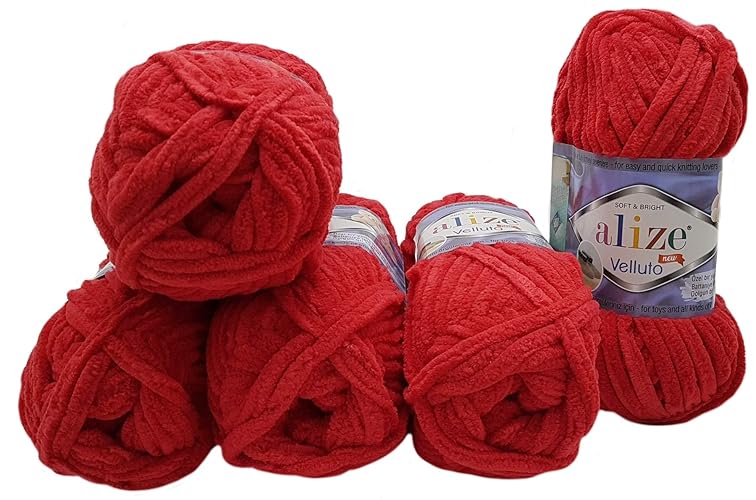 Velluto 5 x 100 Gramm Alize Strickwolle, Babywolle, 500 Gramm Wolle - Rot 56