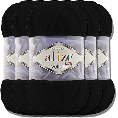 Hobby YARN Alize Velluto 5x 100g Türkische Strickwolle super Bulky Wolle zum Häkeln Uni Farbe Babywolle Flauschgarn Filzwolle Kuschelwolle (Black | 60) - Black | 60