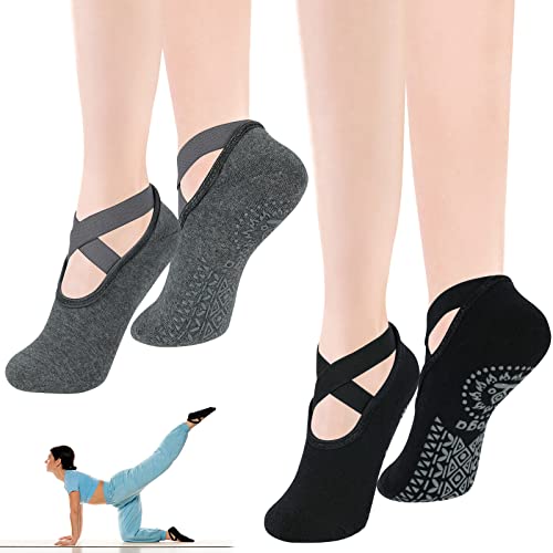 flintronic Yoga Socken, Antirutsch Socken, Rutschfeste Socken Sport für Yoga, Barre, Pilates, Tanz, Barfuß, Trampolin, Zuhause, Krankenhaus für Damen und Herren - S-L - Schwarz+Grau-2 Paar