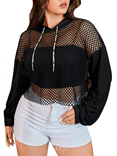 Verdusa Women's Sexy See Through Fishnet Long Sleeve Drawstring Hoodie Top Sweatshirt - X-Large Plus - Black