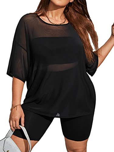 MakeMeChic Women's Plus Size 3 Piece Outfit Sheer Mesh Short Sleeve T Shirts and Tube Top Vest and Biker Shorts Set - X-Large Plus - Black
