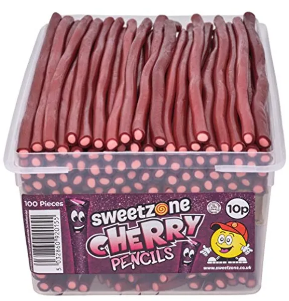 Sweetzone Cherry Pencils, UK British Retro Sweets Tub, 100 pcs, American Halal Gummy Candy Sticks Bulk for Sweet Enthusiasts