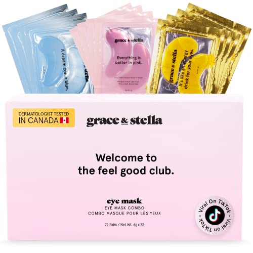 Under Eye Mask - Reduce Dark Circles, Puffy Eyes, Undereye Bags, Wrinkles - Gel Under Eye Patches, Vegan Cruelty-Free Self Care by grace and stella (72 Pairs, GoldPinkBlue) - Gold Pink Blue (72 Pairs)