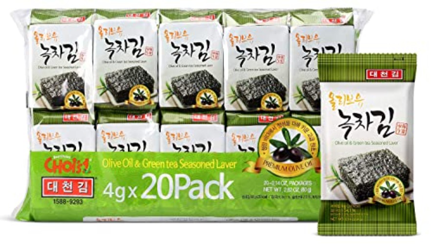 Daechun(Choi's1) Seaweed Snack, (Pack of 20), Original, Sea Salt, Green Tea Powder, Product of Korea - 20 Count (Pack of 1)