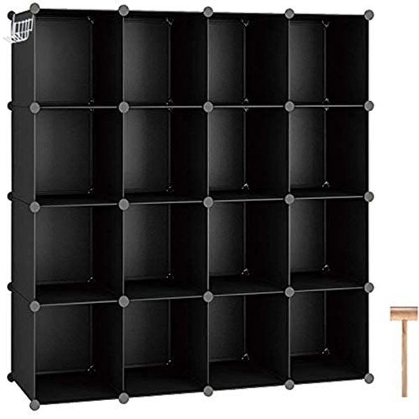 C&AHOME Cube Storage Organizer, 16-Cube Shelves Units for Closet, DIY Plastic Modular Bookshelf, Bookcase, Storage Cubes Ideal for Bedroom, Living Room, 48.4" L × 12.4" W × 48.4" H Black SUM3016H